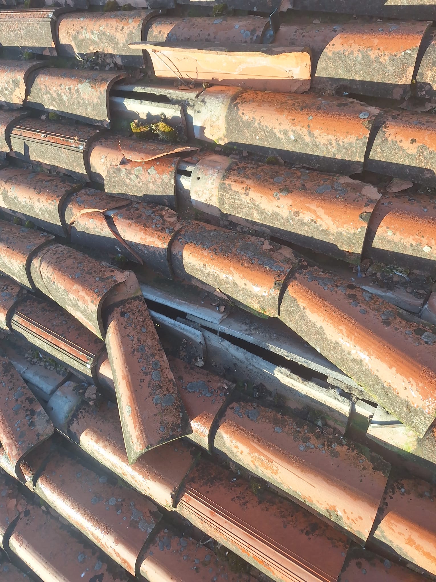 A close-up shows weathered and displaced terracotta roof tiles with dark gaps between them.